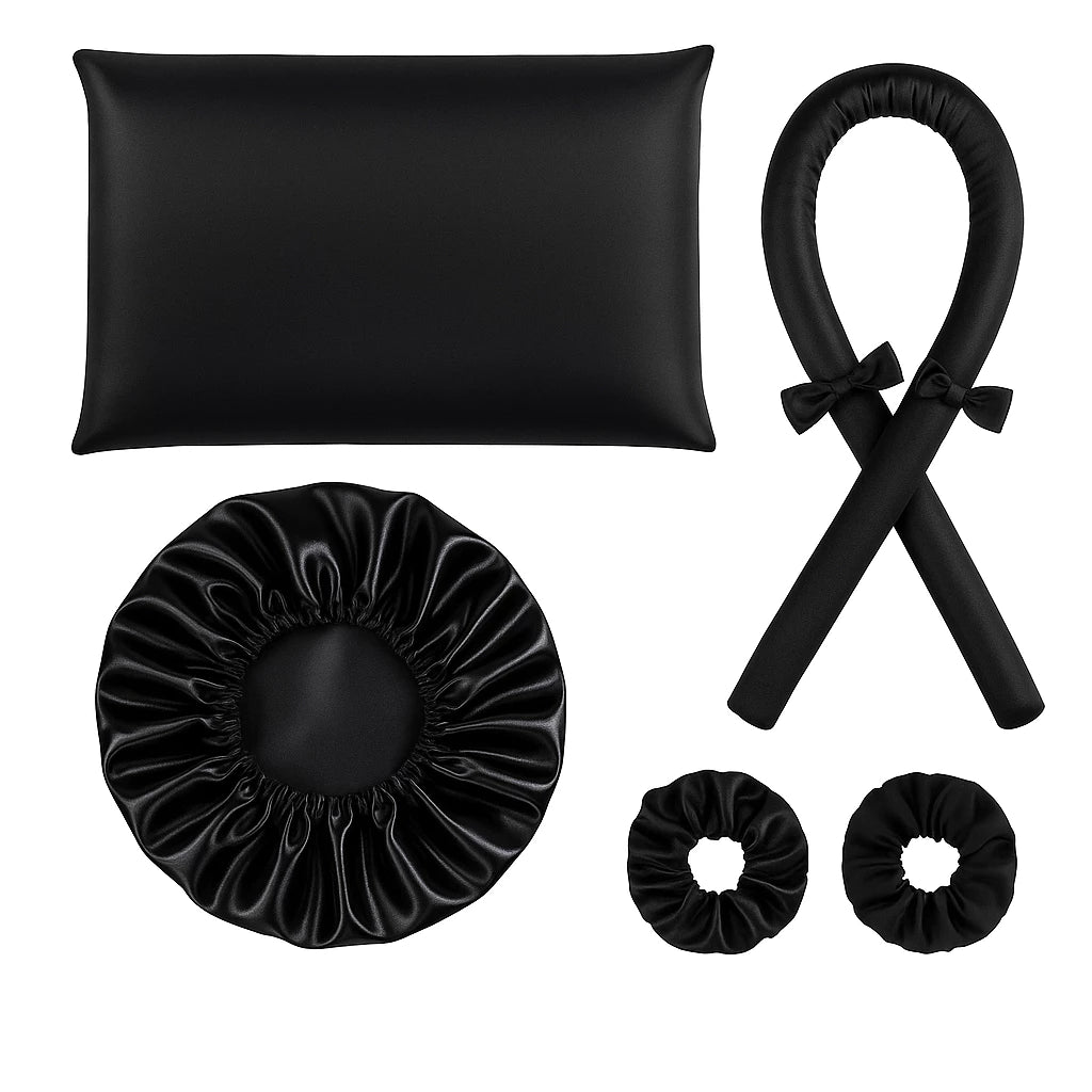 kit cetim anti frizz touca cetim + modelador sem calor curling rod + fronha